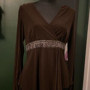 Elegant Brown Wrap Blouse with Embellished Waist